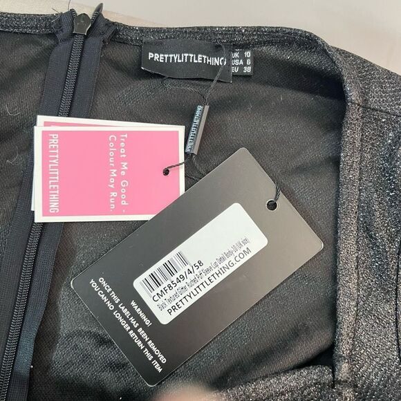 Prettylittlething Black NWT Glitter Ruched Puff Sleeve Cup Detail Bodycon Dress - Picture 10 of 13